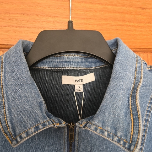 Denim Mini Dress with Puff Sleeves Zip Down With Belt by Fate - Small - Picture 6 of 9